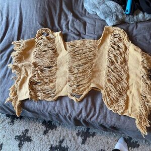 Fringed Beige Knit Vest/shawl